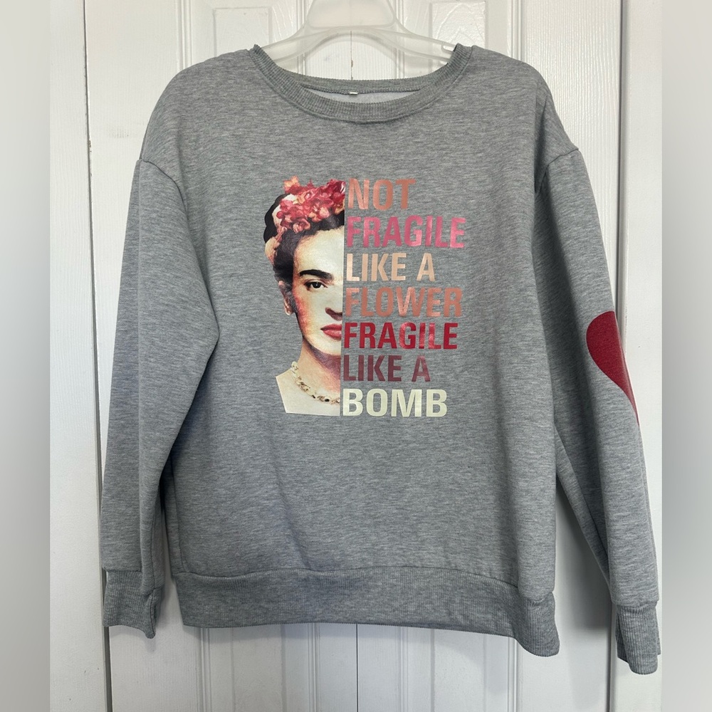 Gray Graphic Sweatshirt with Red Heart Detail